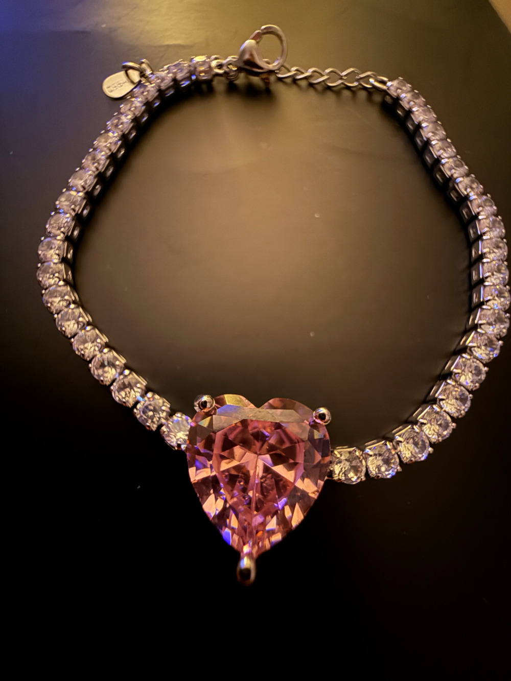 Pink Heart Crystal Tennis Bracelet Silver Tone Adjustable NWOT Gift Box